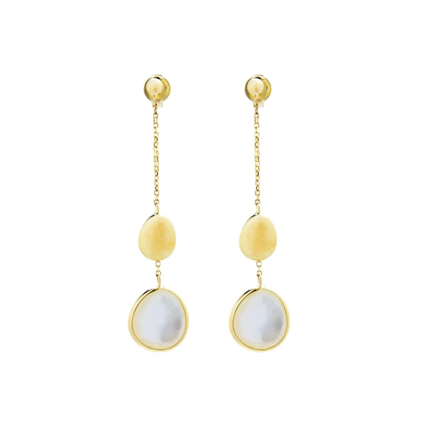 Gold Chain  Earrings With Mother-Of-Pearl עגילי זהב צהוב